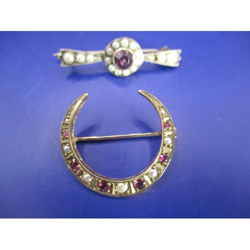 64 - An Edwardian 9ct yellow gold crescent moon brooch set with seed pearls and rubies? and a silver exam... 