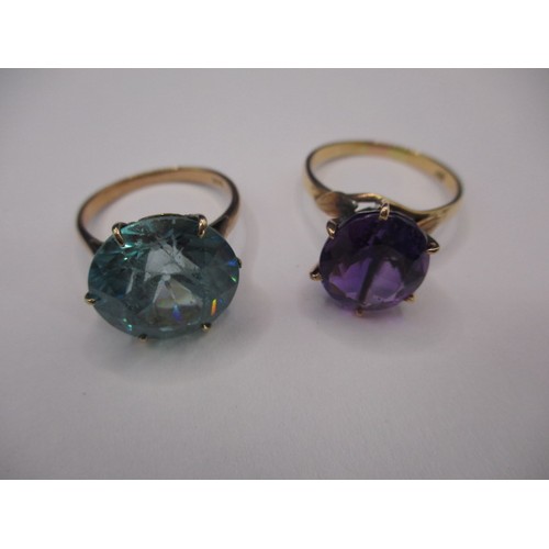 14 - Two yellow gold dress rings each with a large stone, one on 9ct the other 18ct, approx. ring sizes R... 