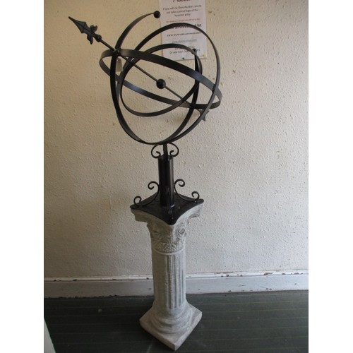 329 - A large Armillary Sphere garden sculpture, on concrete pedestal and a wrought iron top. Approximate ... 