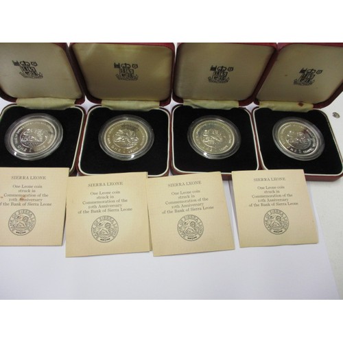 4 Sterling silver proof one Leone coins special 10th anniversary issue 1974 from the Royal Mint for the bank of Sierra Leone, each in original presentation case
