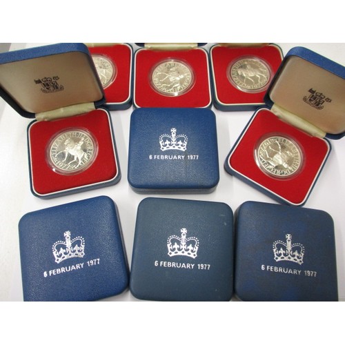 107 - 9 sterling silver proof 1977 silver jubilee crowns, issued by the Royal Mint and in original display... 