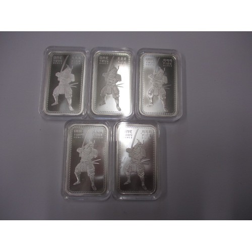 111 - Five .999 fine silver 1oz troy ingots, each in a plastic capsule