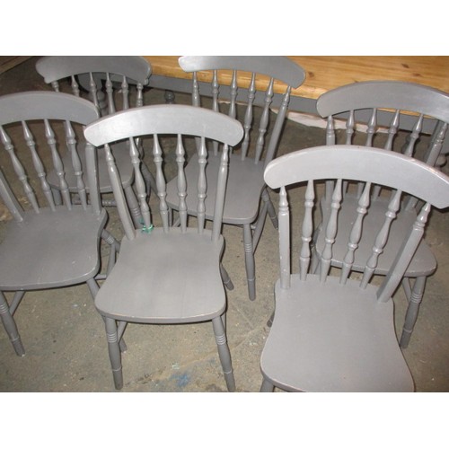 300 - A pine kitchen table with painted legs and 6 chairs, approx. dimensions: Length 179cm Width 89cm Hei... 