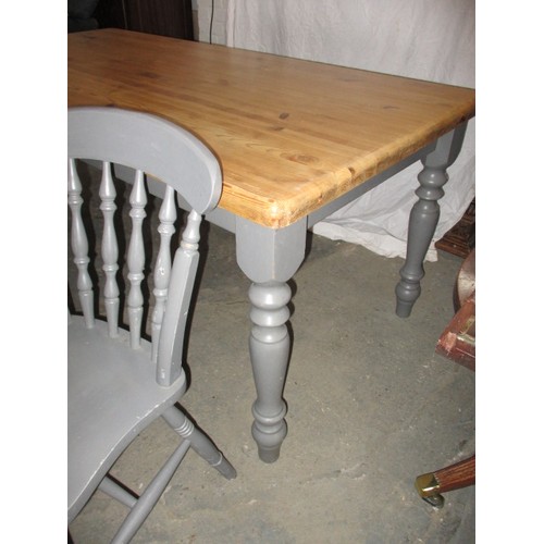 300 - A pine kitchen table with painted legs and 6 chairs, approx. dimensions: Length 179cm Width 89cm Hei... 