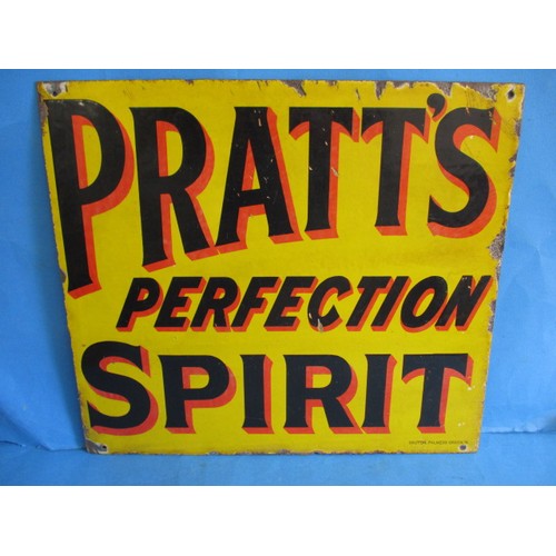 269 - An early 20th century double sided enamel advertising sign for Pratts Perfection Spirit, approx. siz... 