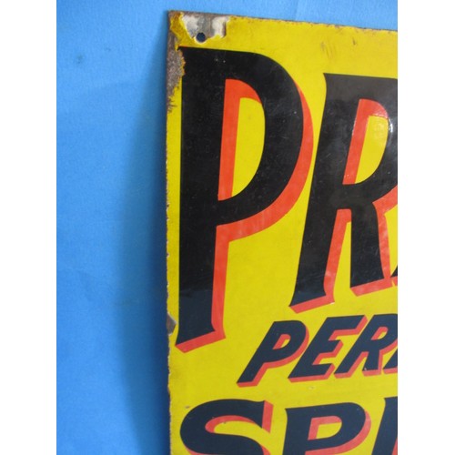 269 - An early 20th century double sided enamel advertising sign for Pratts Perfection Spirit, approx. siz... 