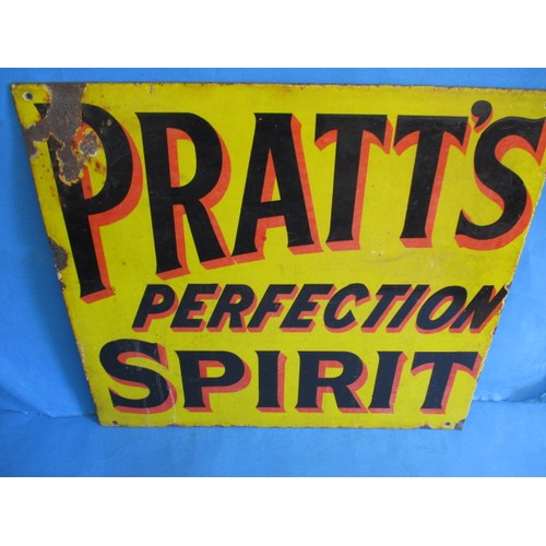 269 - An early 20th century double sided enamel advertising sign for Pratts Perfection Spirit, approx. siz... 