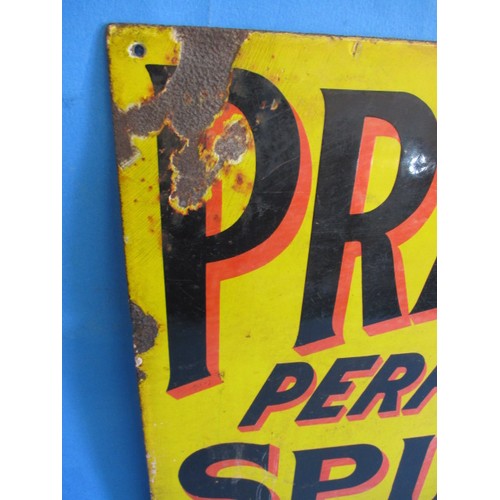 269 - An early 20th century double sided enamel advertising sign for Pratts Perfection Spirit, approx. siz... 