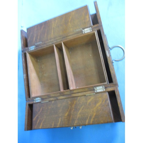 247 - A late 19th century oak stationary/storage box, with key, a multi compartment desk top box in good p... 