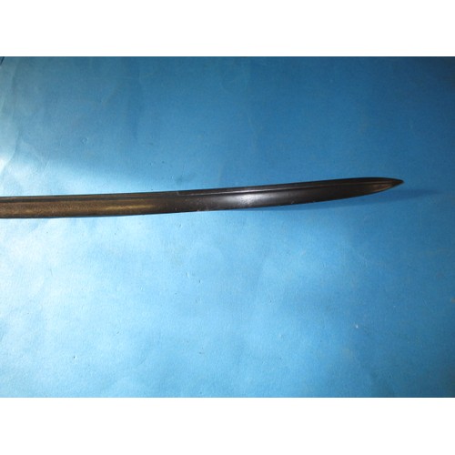 205 - An antique cavalry sword with etched blade marked H Luckman, the blade in good condition, the basket... 