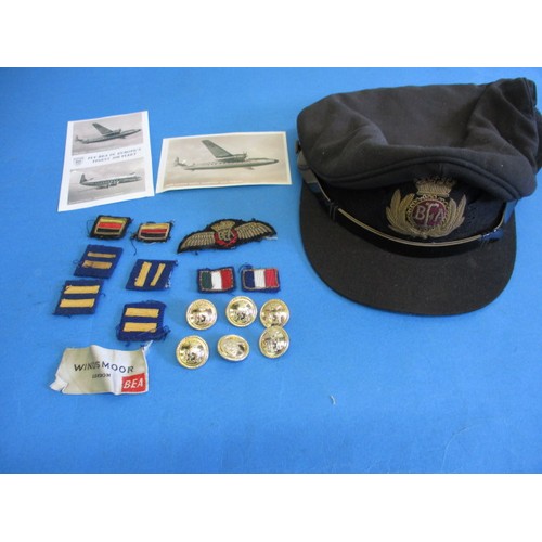 A 1960s British European Airways pilots cap and badges, in good pre-owned condition