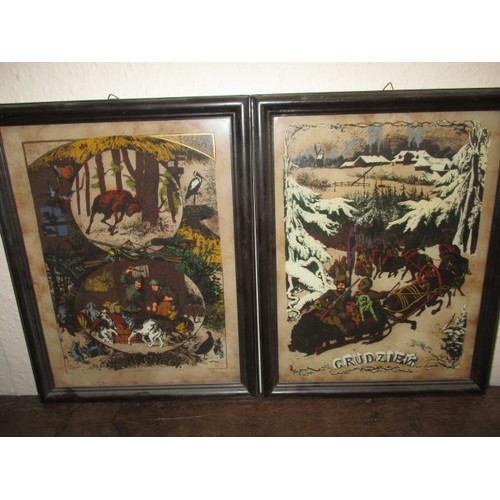 291 - Two Polish reverse painted glass pictures each with a traditional scene, approx. size 44x34cm