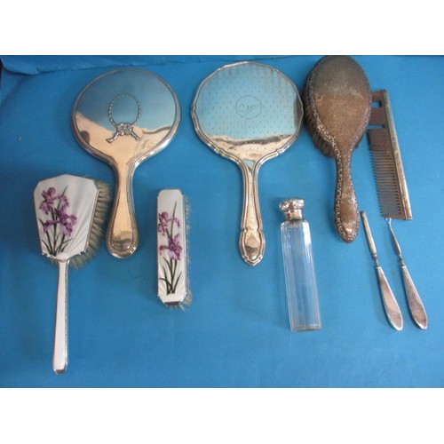 123 - A parcel of sterling silver mounted dressing table items, to include decorative enamelled items, all... 