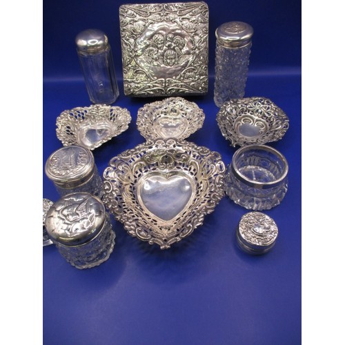 125 - A parcel of antique and later sterling silver items, to include bonbon dishes and silver topped jars... 