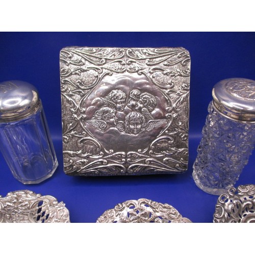 125 - A parcel of antique and later sterling silver items, to include bonbon dishes and silver topped jars... 