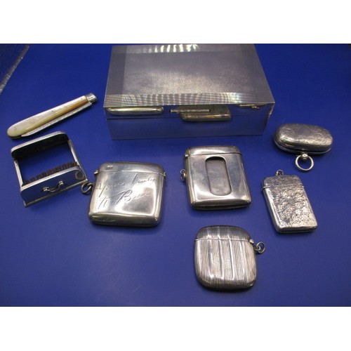 129 - A small parcel of sterling silver items, to include vesta cases, cigarette box and sovereign case. A... 