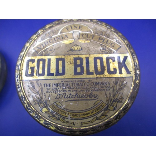 167 - An early 20th century un-opened tin of Gold Block fine Virginia cut plug tobacco and a later full ti... 