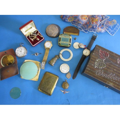 162 - A parcel of interesting collectables to include a silver cased pocket watch, powder compacts and wri... 