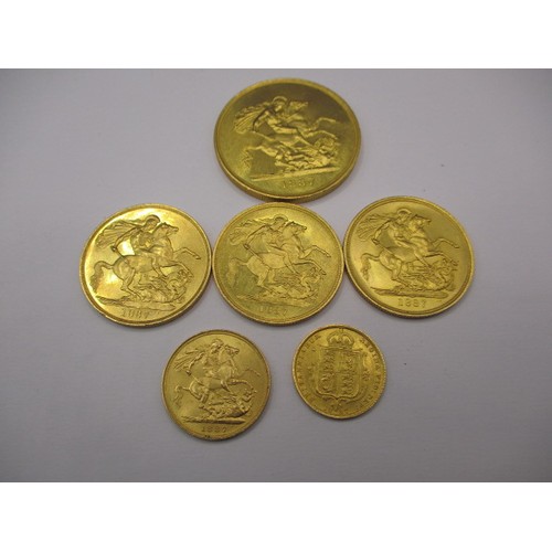 95 - Six Victoria 1887 golden jubilee gold coins to include a £5, 3x£2, a full sovereign and a half sover... 