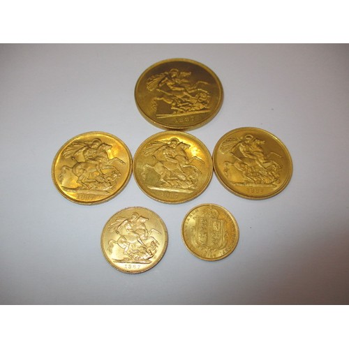 95 - Six Victoria 1887 golden jubilee gold coins to include a £5, 3x£2, a full sovereign and a half sover... 