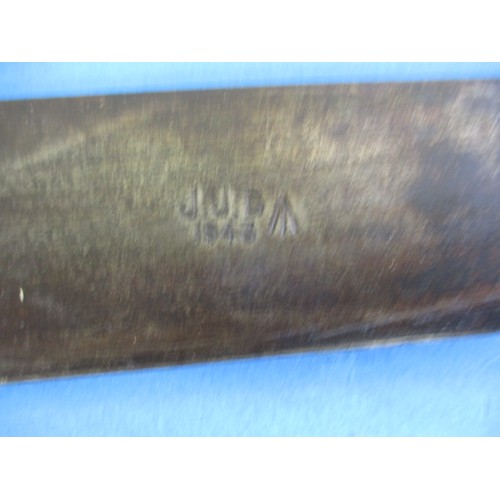 208 - A WWII machete with crows foot mark and original leather scabbard, in used condition, approx. length... 