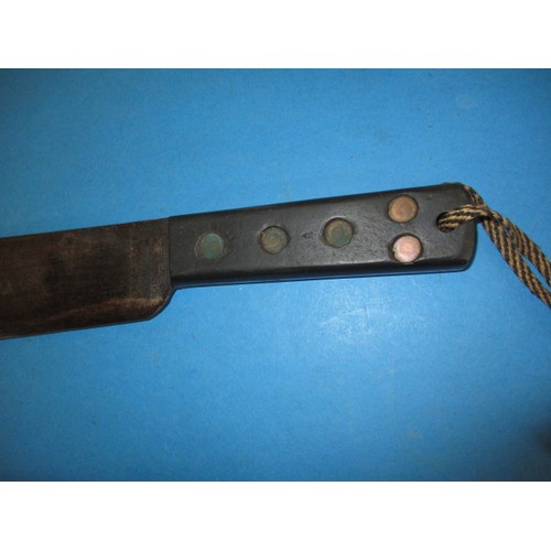 208 - A WWII machete with crows foot mark and original leather scabbard, in used condition, approx. length... 