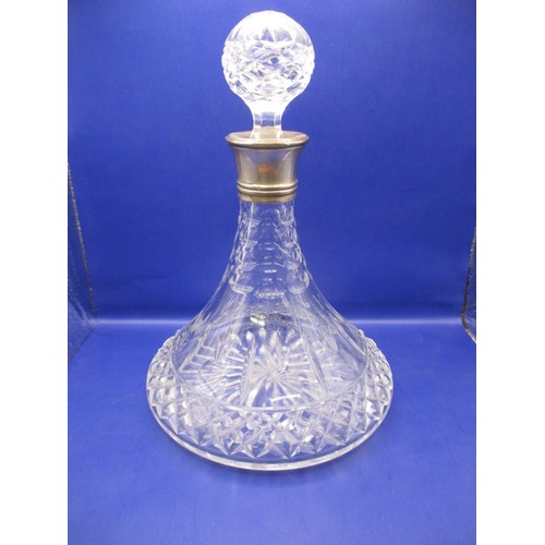 160 - A lead crystal ships decanter with sterling silver collar, in good pre-owned condition, approx. heig... 