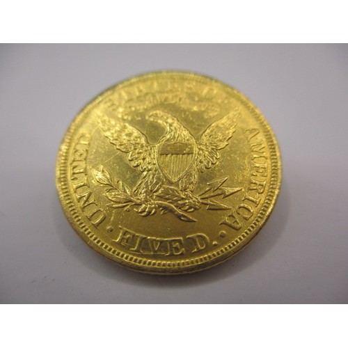 100 - An 1893 American $5 gold coin with liberty head and motto, type 2, a good grade circulated coin with... 