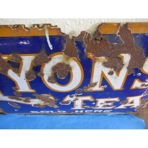 265 - An early 20th century domed enamel advertising sign for Lyons Tea, approx. size 75x50cm having rust ... 