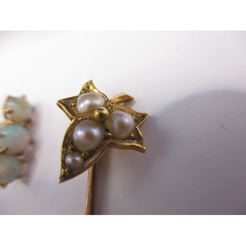 55 - Three gold stick pins and one white metal example, one having 3 nice opals, approx. weight of gold e... 