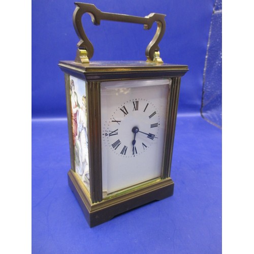 281 - An antique French carriage clock with decorative enamel on copper side panels, in working order, the... 