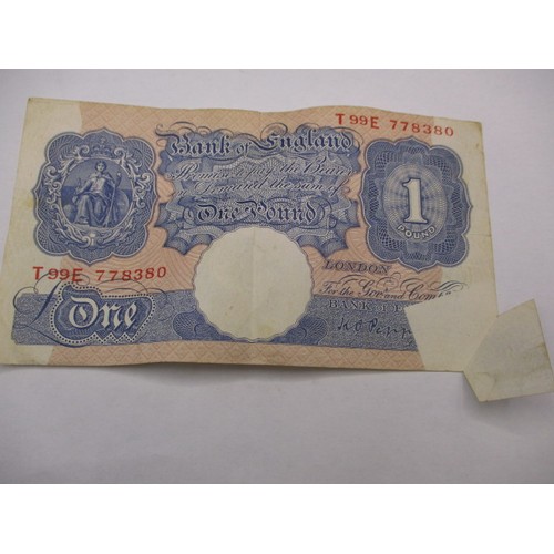 147 - K O Peppiatt Error £1 note. With ‘fishtail’ bottom right which is blank one side and printed the oth... 