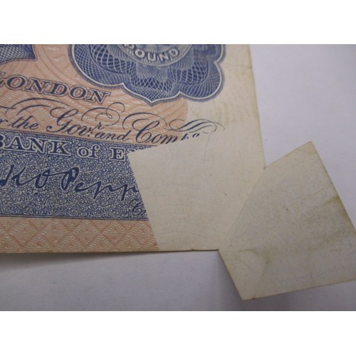 147 - K O Peppiatt Error £1 note. With ‘fishtail’ bottom right which is blank one side and printed the oth... 