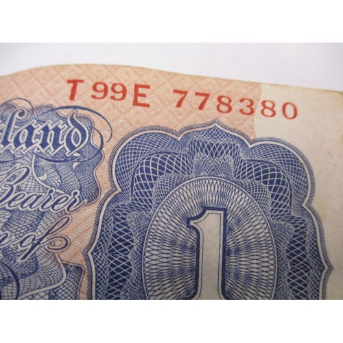 147 - K O Peppiatt Error £1 note. With ‘fishtail’ bottom right which is blank one side and printed the oth... 