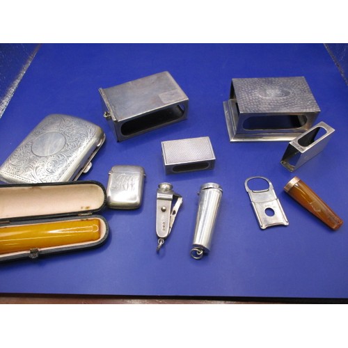 135 - A parcel of silver items, mainly smoking related, also includes a gold mounted cheroot holder, appro... 