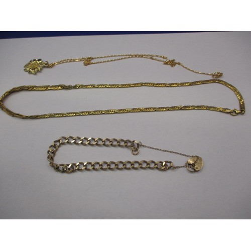 64 - An 18ct yellow gold necklace (approx. 10g) a 9ct yellow gold bracelet (approx. 10g) and a yellow met... 