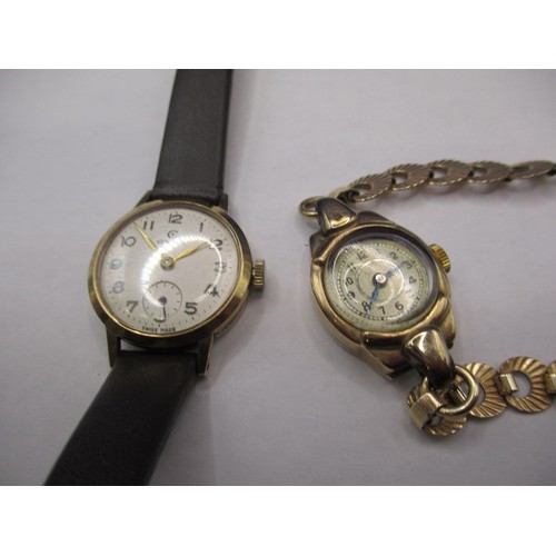 Two yellow gold cased ladies wrist watches, stapes are either leather or plated, neither tested as to function