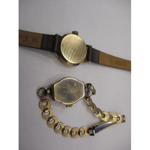 97 - Two yellow gold cased ladies wrist watches, stapes are either leather or plated, neither tested as t... 