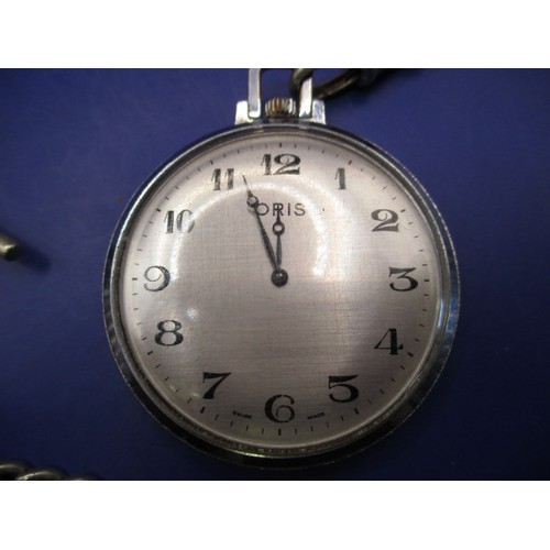 106 - A vintage Oris pocket watch with white metal Albert chain, in current working order with use-related... 