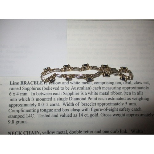 74 - A 14ct yellow and white gold, diamond and sapphire bracelet, approx. linear length 17cm, approx. wei... 