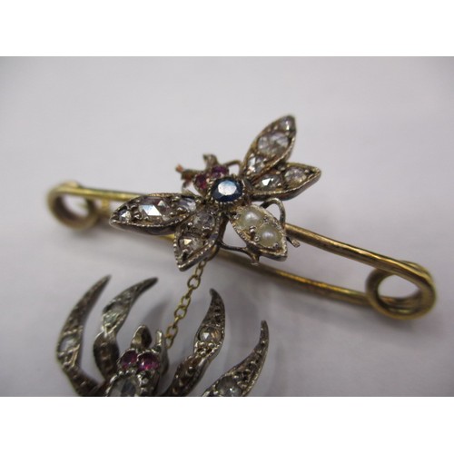 85 - An antique insect brooch of a spider and fly, the pin marked 9ct gold with the spider and fly set wi... 