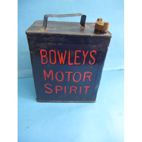 A vintage pressed steel 2 gallon Bowleys motor spirit can, in good restored condition