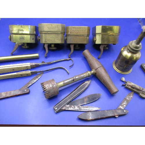 A parcel of antique medical items to include several scarificators, to include examples by Evans, Millikim and Weiss, all in good used condition