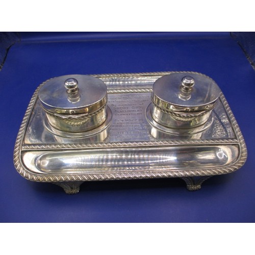 149 - A sterling silver two bottle desk top pen stand, with dedication from Short Brothers aircraft manufa... 