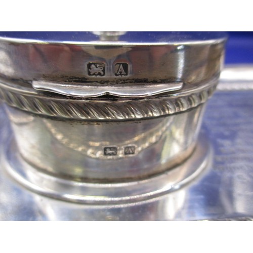 149 - A sterling silver two bottle desk top pen stand, with dedication from Short Brothers aircraft manufa... 