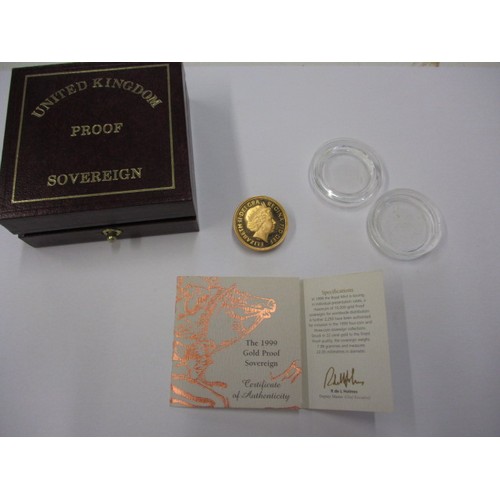 128 - A 1999 proof gold sovereign with certificate and presentation box