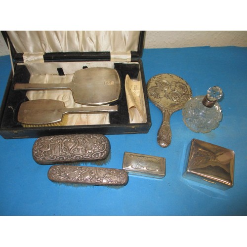 159 - An Art Deco silver dressing table brush and mirror in original box and other silver mounted items, a... 