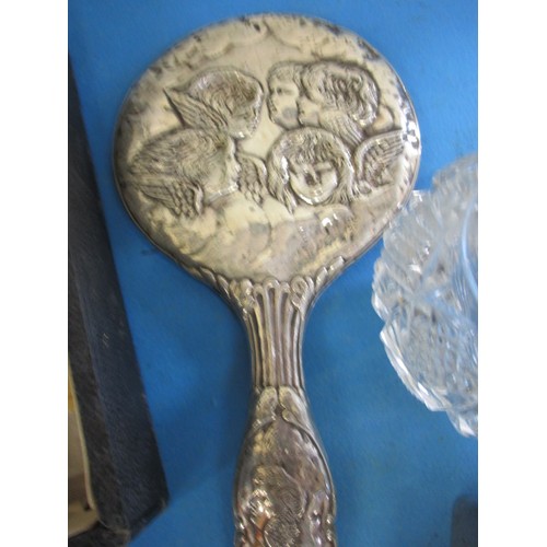 159 - An Art Deco silver dressing table brush and mirror in original box and other silver mounted items, a... 