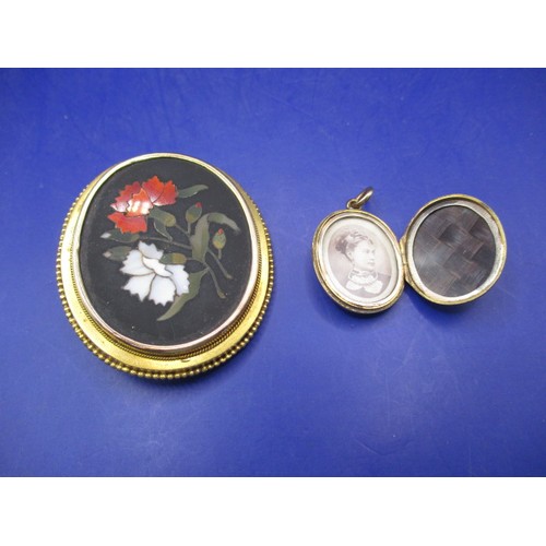 95 - A yellow metal brooch, tested as 18ct gold, with a Pietra Dura floral plaque and a 14ct yellow gold ... 