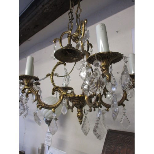 3 Vintage French 6 branch chandeliers, approx. width 46cm having gilt metal body and crystal drops, in need of a clean and probably missing some crystals